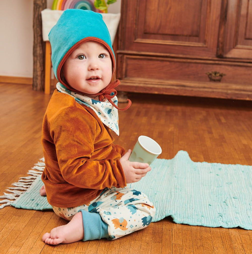 Fleece-lined baby hat with ear flaps "Nicki Pagoda Blue | Fleece Copper Marl"