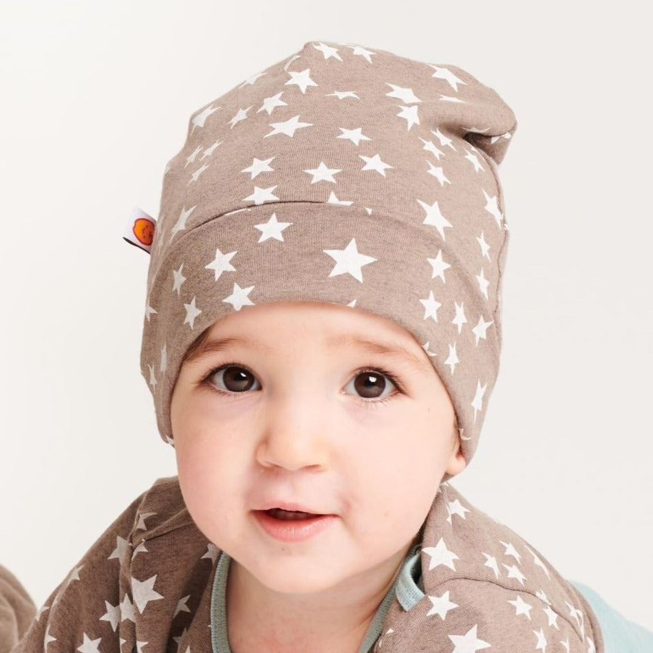 Lined baby hat "Stars taupe/Brown-white stripes" - Cheeky Apple