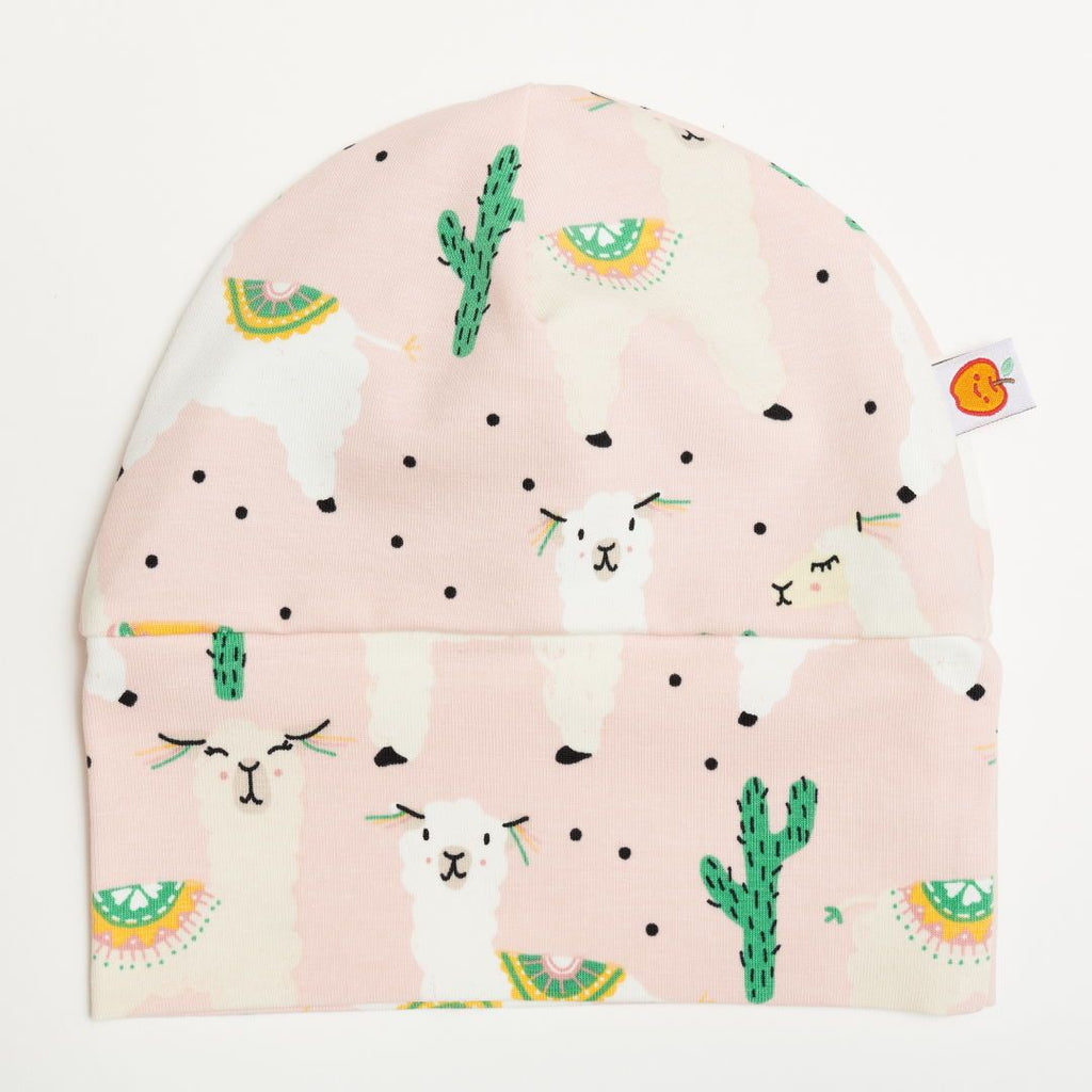Lined baby hat "Alpakas Pink/Spearmint"