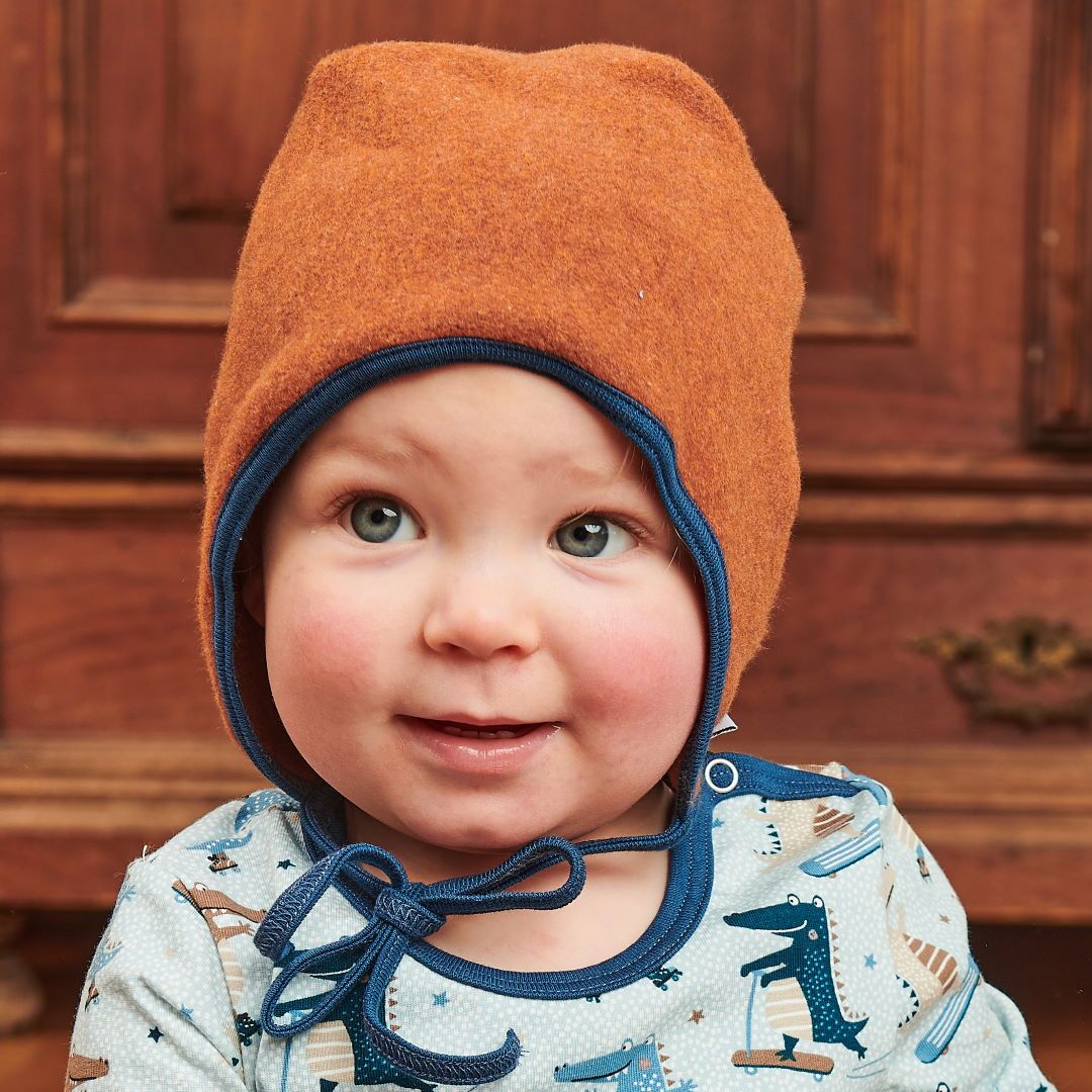Fleece baby hat with ear flaps Fleece Copper Marl | Indigo - 100% organic  cotton