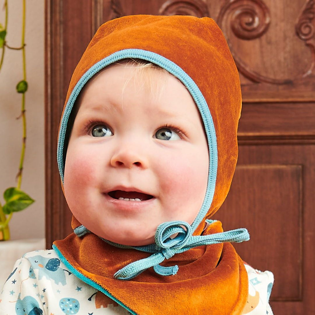 Lined baby hat with ear flaps "Nicki Caramel | Nicki Pagoda Blue"