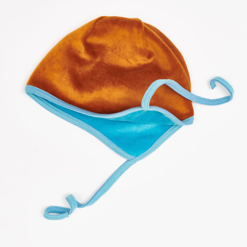 Lined baby hat with ear flaps "Nicki Caramel | Nicki Pagoda Blue"