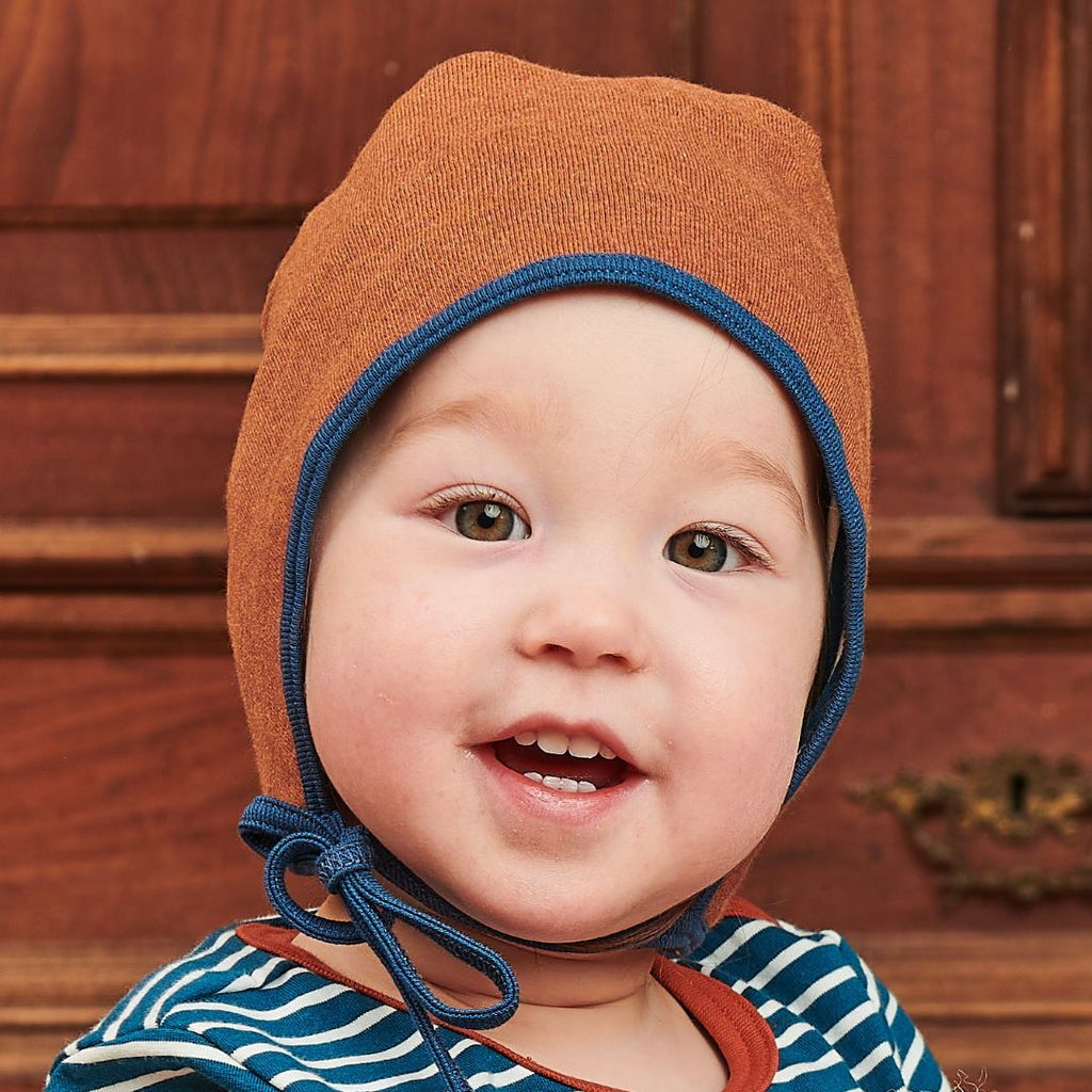 Lined baby hat with ear flaps "Sweat Copper Marl | Stripes Water by Night"