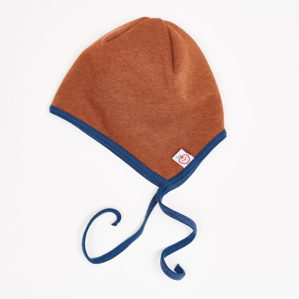 Lined baby hat with ear flaps "Sweat Copper Marl | Stripes Water by Night"