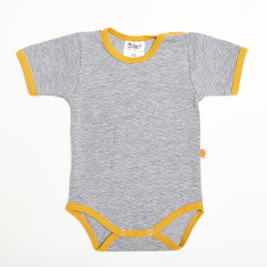 Short-sleeve baby body "White-Navy Stripes/Ochre"