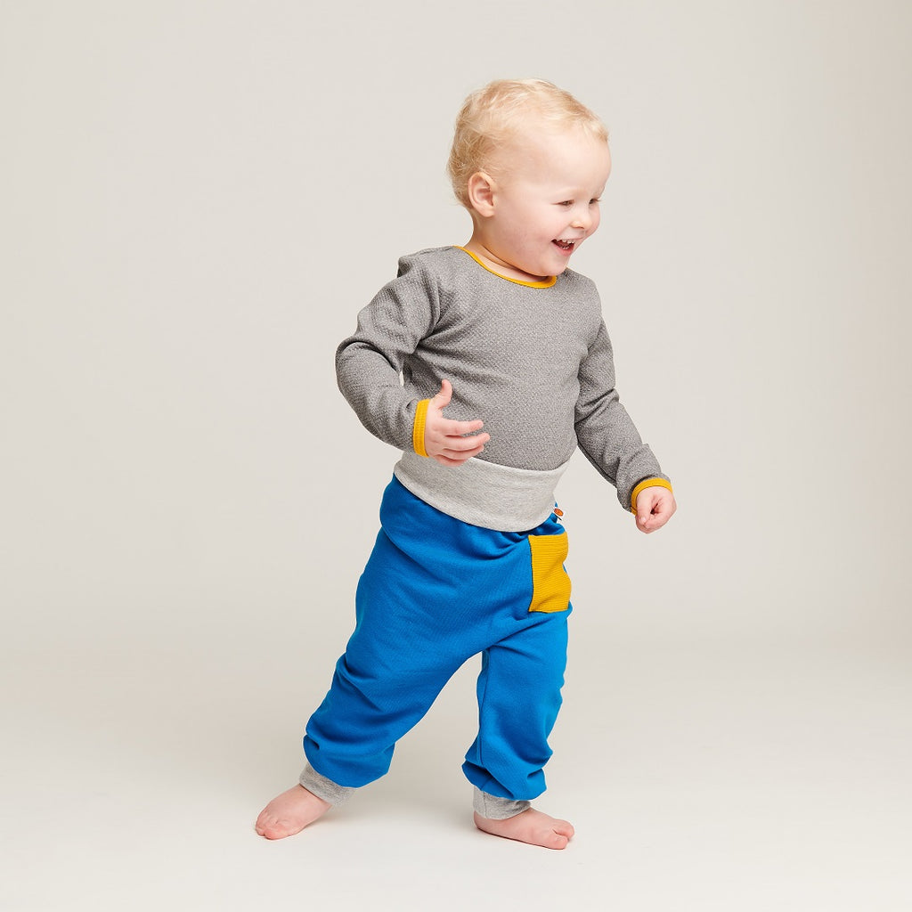 Baby Sweat pants with pockets "Sweat Blue/Rib Mustard" - Cheeky Apple