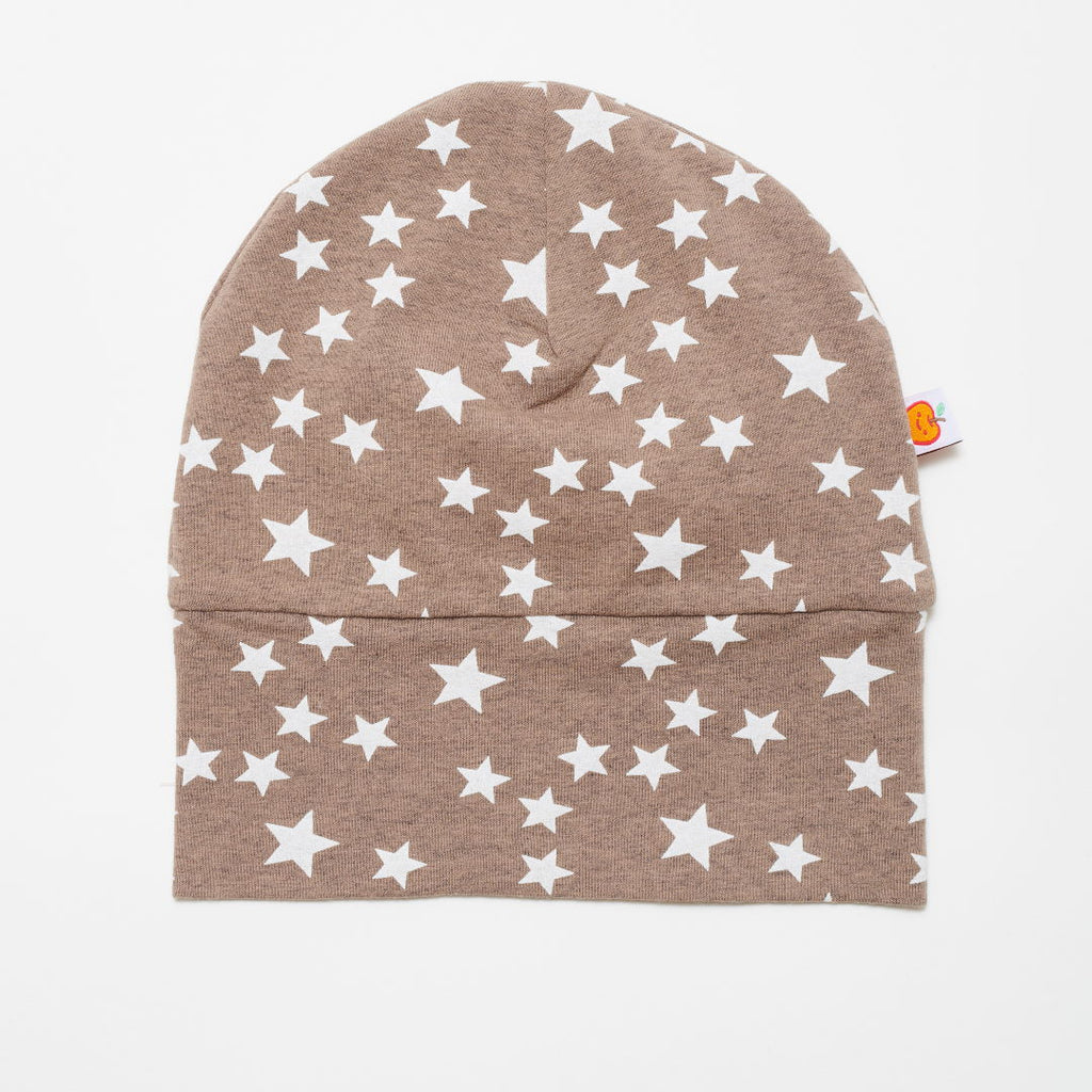 Lined baby hat "Stars taupe/Brown-white stripes"