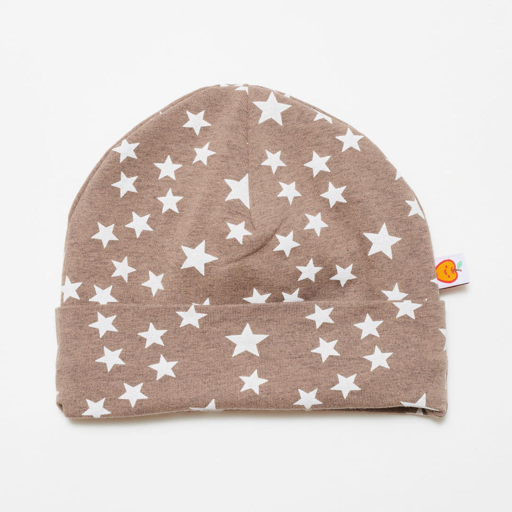 Lined baby hat "Stars taupe/Brown-white stripes"