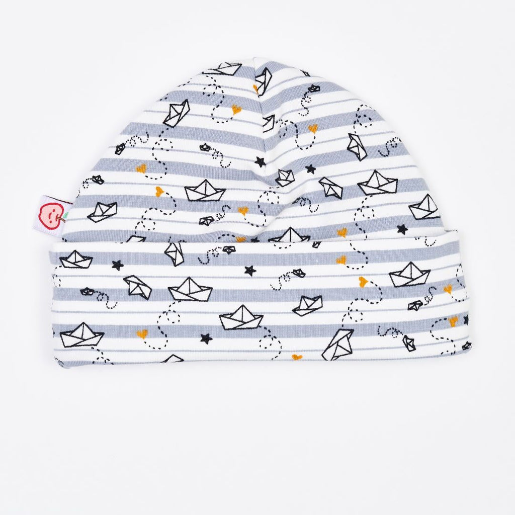 Organic lined baby hat "My little golden Ship" made from 95% organic cotton and 5% elastane