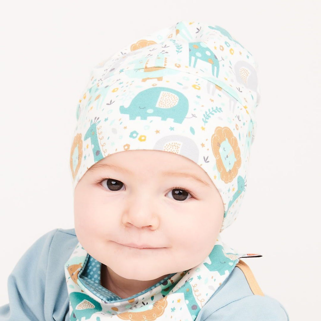 Lined baby hat "Mini Jungle/Dotted Lines Turquoise"