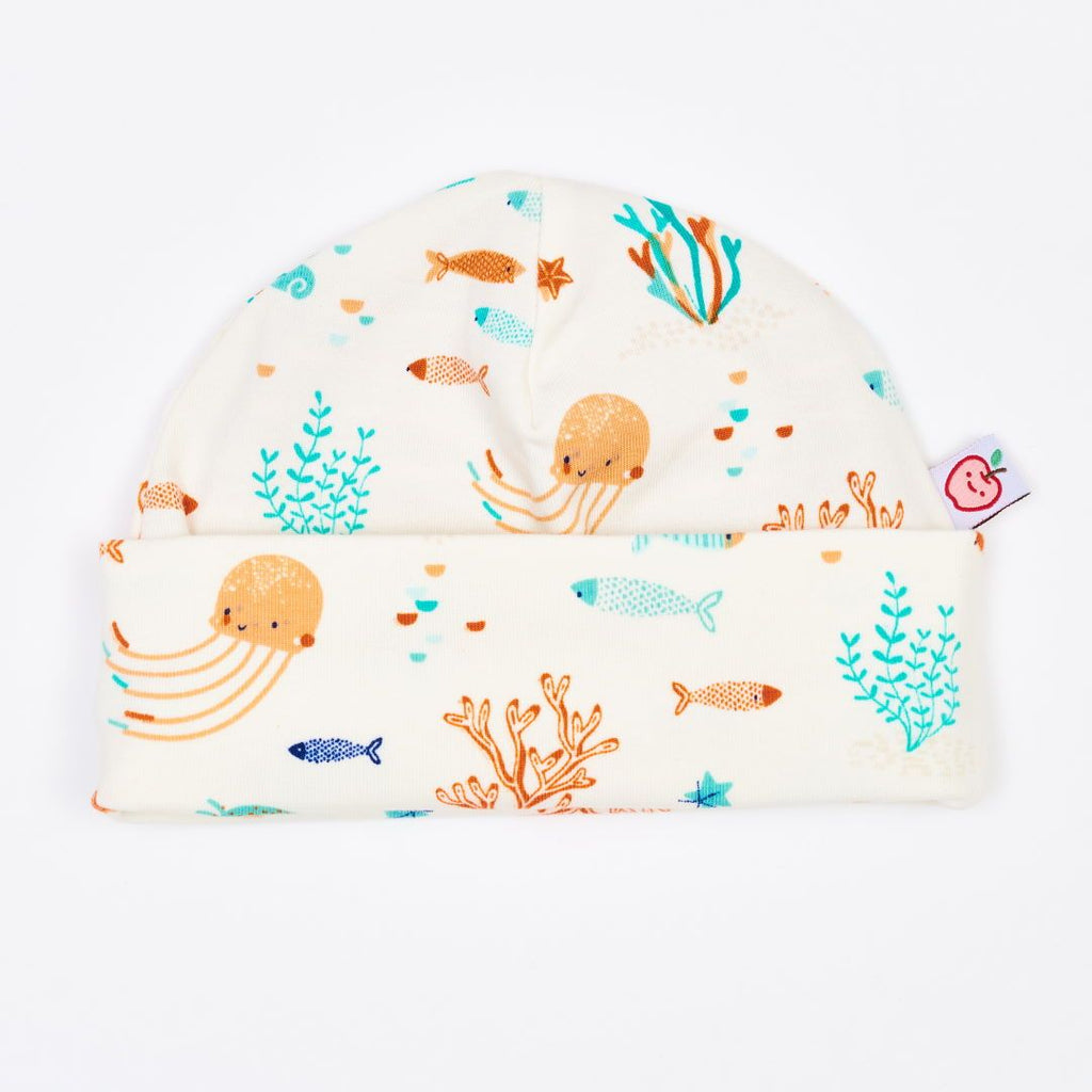 Organic lined baby hat "Ocean Party" made from 95% organic cotton and 5% elastane