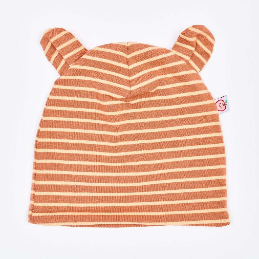 Organic lined baby hat with bear ears "Stripes Caramel" made from 95% organic cotton and 5% elastane