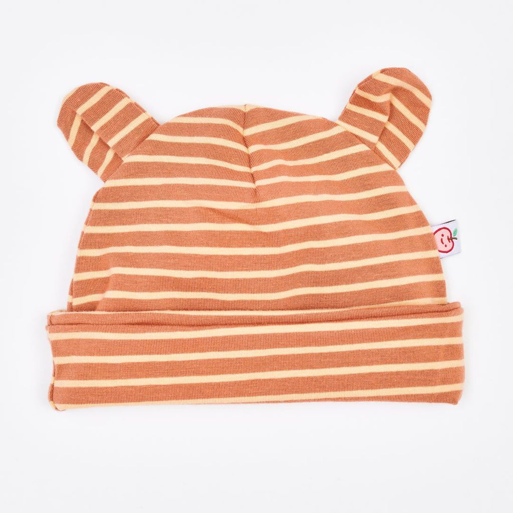 Organic lined baby hat with bear ears "Stripes Caramel" made from 95% organic cotton and 5% elastane