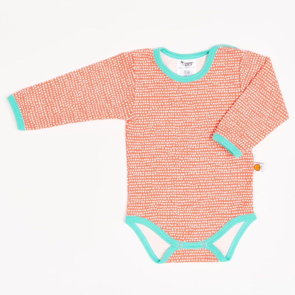 Long-sleeve baby body "Dotted Lines Coral/Mint"
