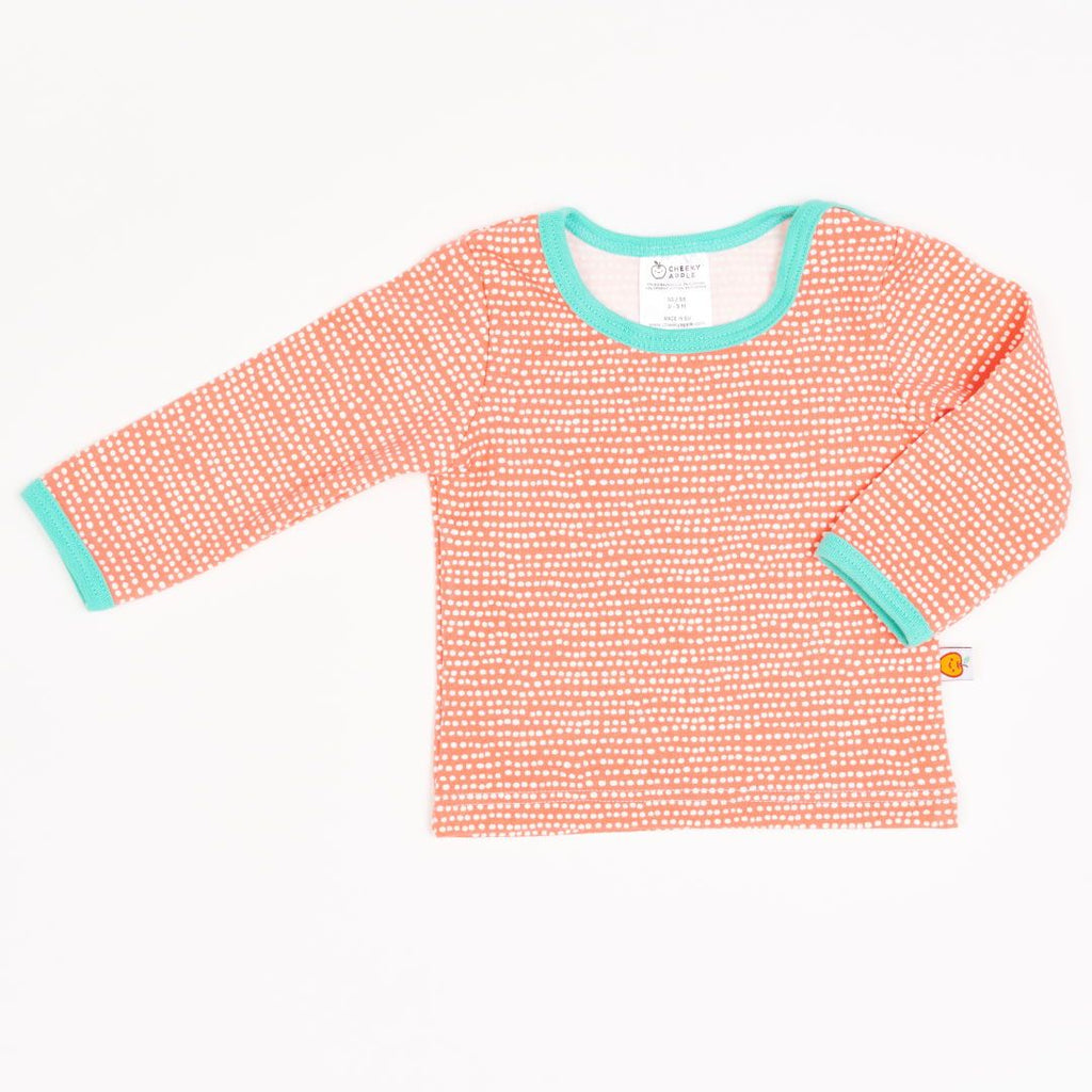 Long-sleeve baby top "Dotted Lines Coral/Mint"