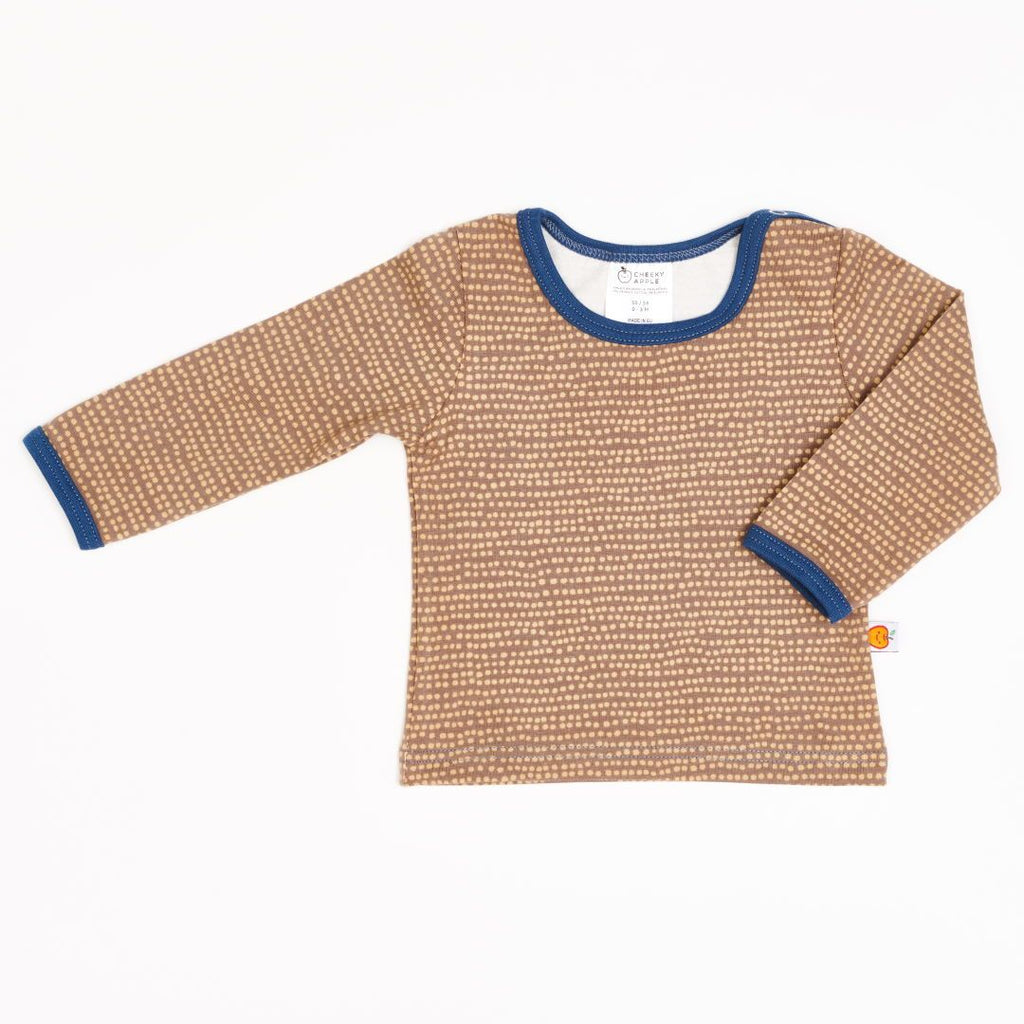 Long-sleeve baby top "Dotted Lines Taupe/Indigo"