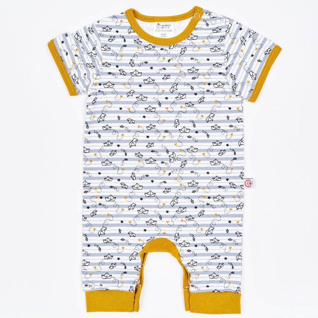 Organic shortsleeved romper "My little golden Ship" made from 95% organic cotton and 5% elastane
