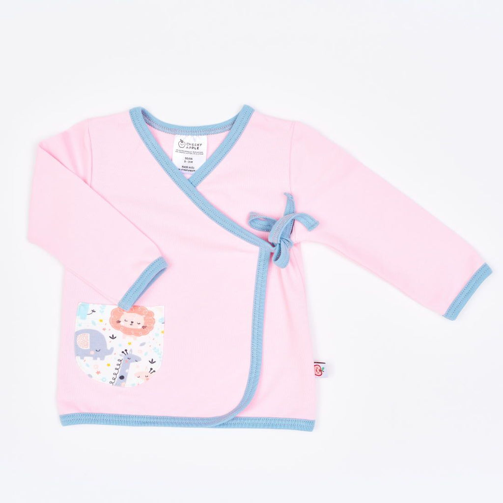 Organic wrap jacket with pocket "Baby Pink | Mini Jungle Rose" made from 95% organic cotton and 5% elastane